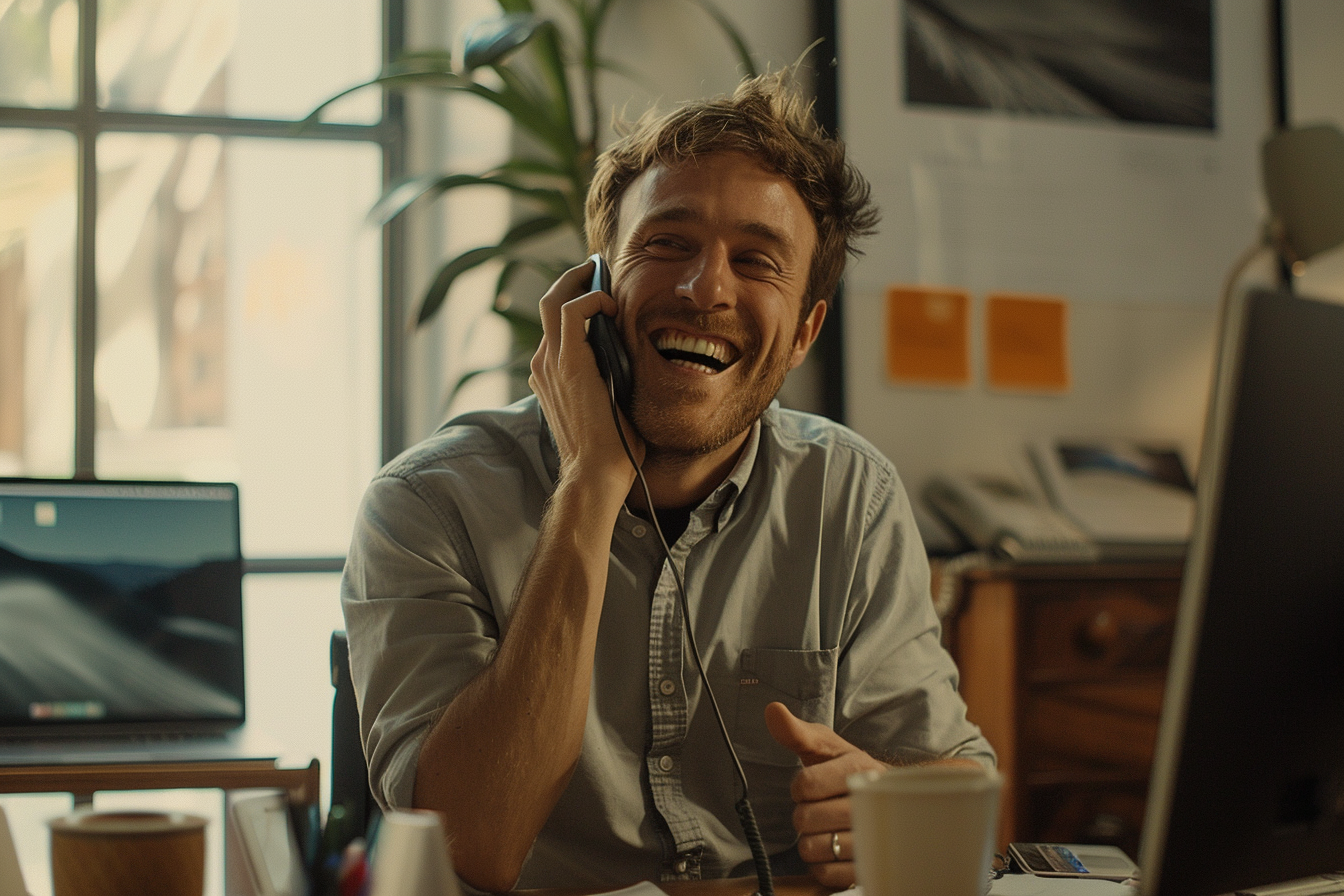 Un homme qui rit et parle au téléphone | Source : Midjourney