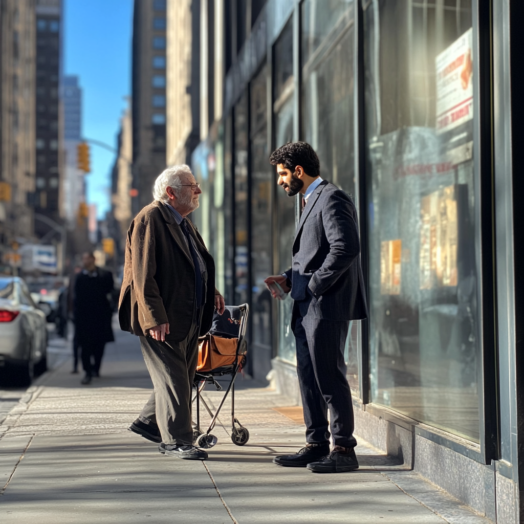 Deux hommes discutent dans la rue | Source : Midjourney