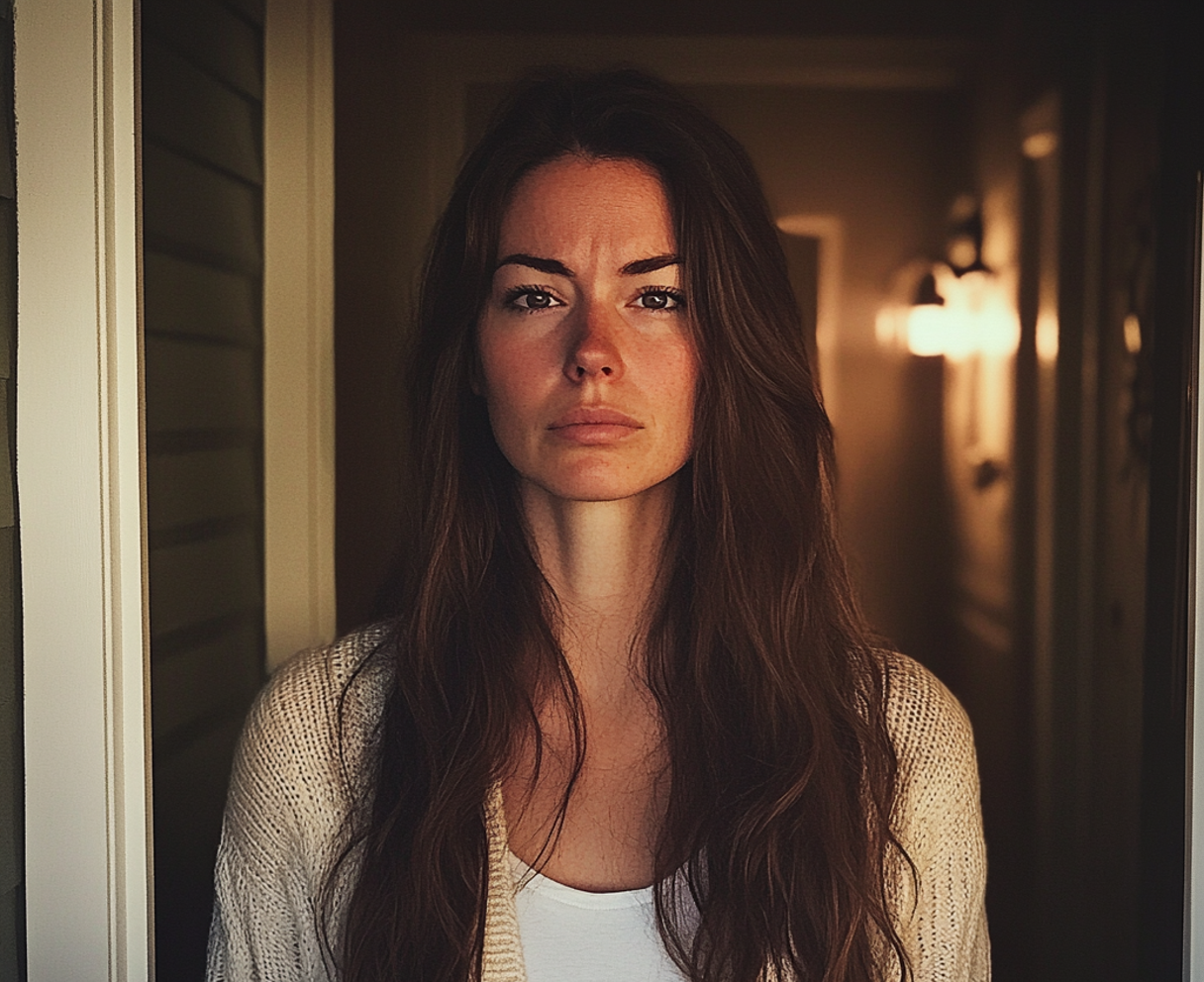 Une femme debout devant une porte d'entrée | Source : Midjourney