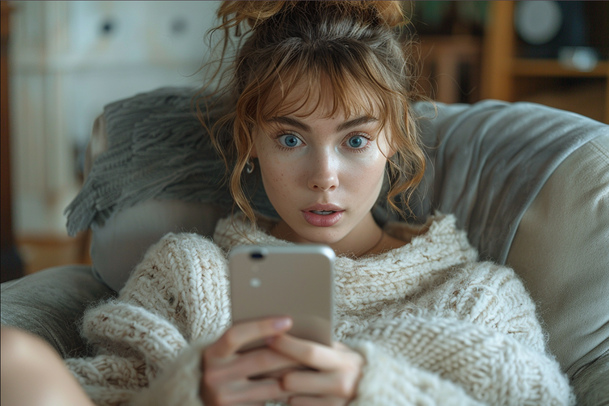 Une femme qui regarde son téléphone en état de choc | Source : Midjourney