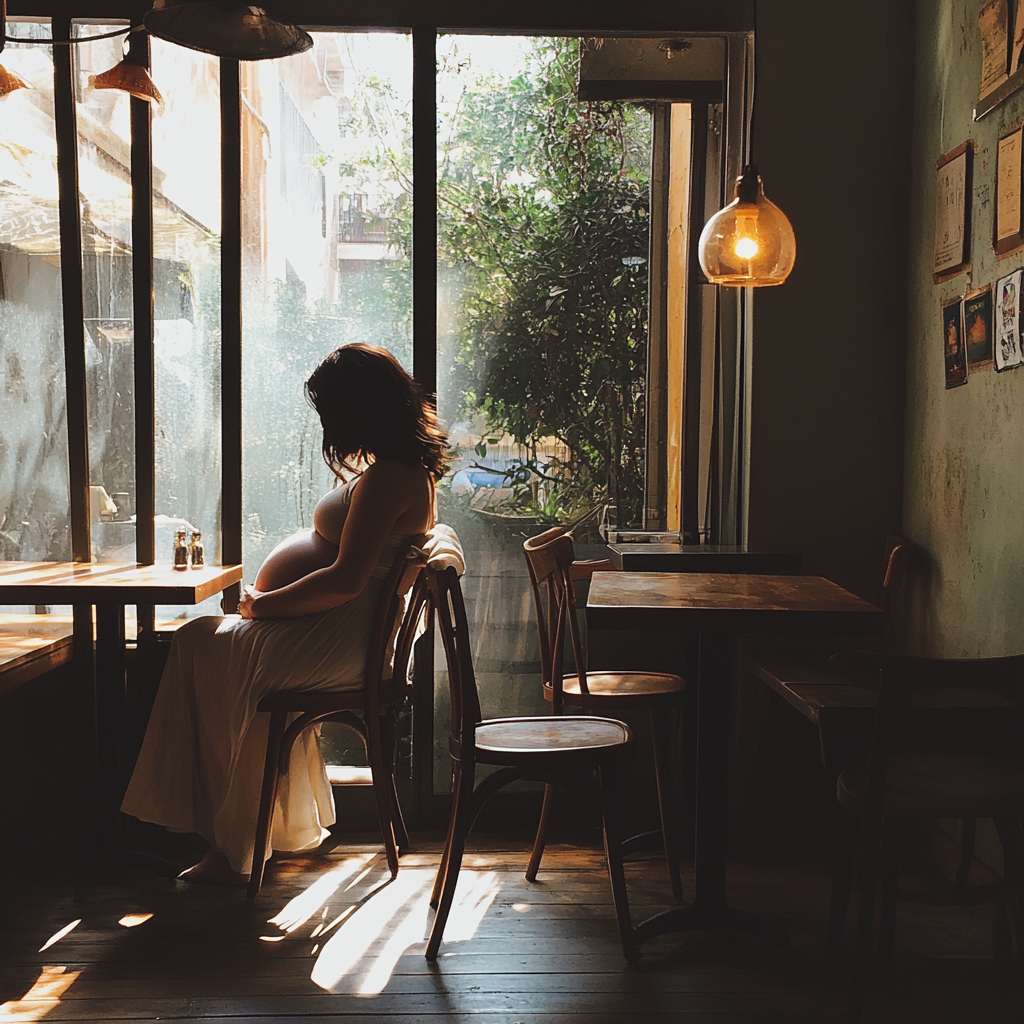 Une femme enceinte assise dans un café avant sa chute | Source : Midjourney