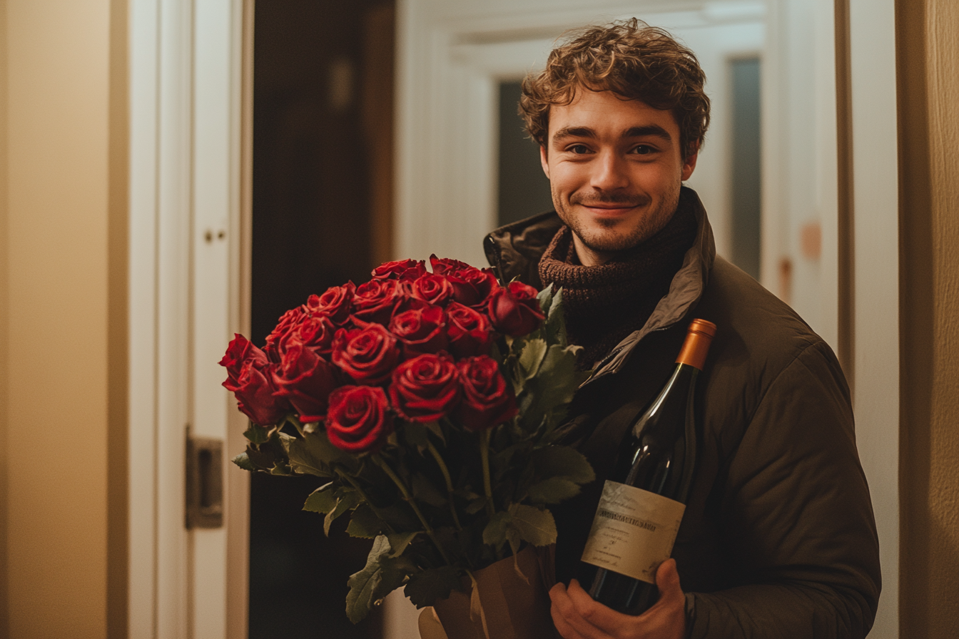 Homme sur le pas de la porte, tenant des roses et une bouteille de vin | Source : Midjourney