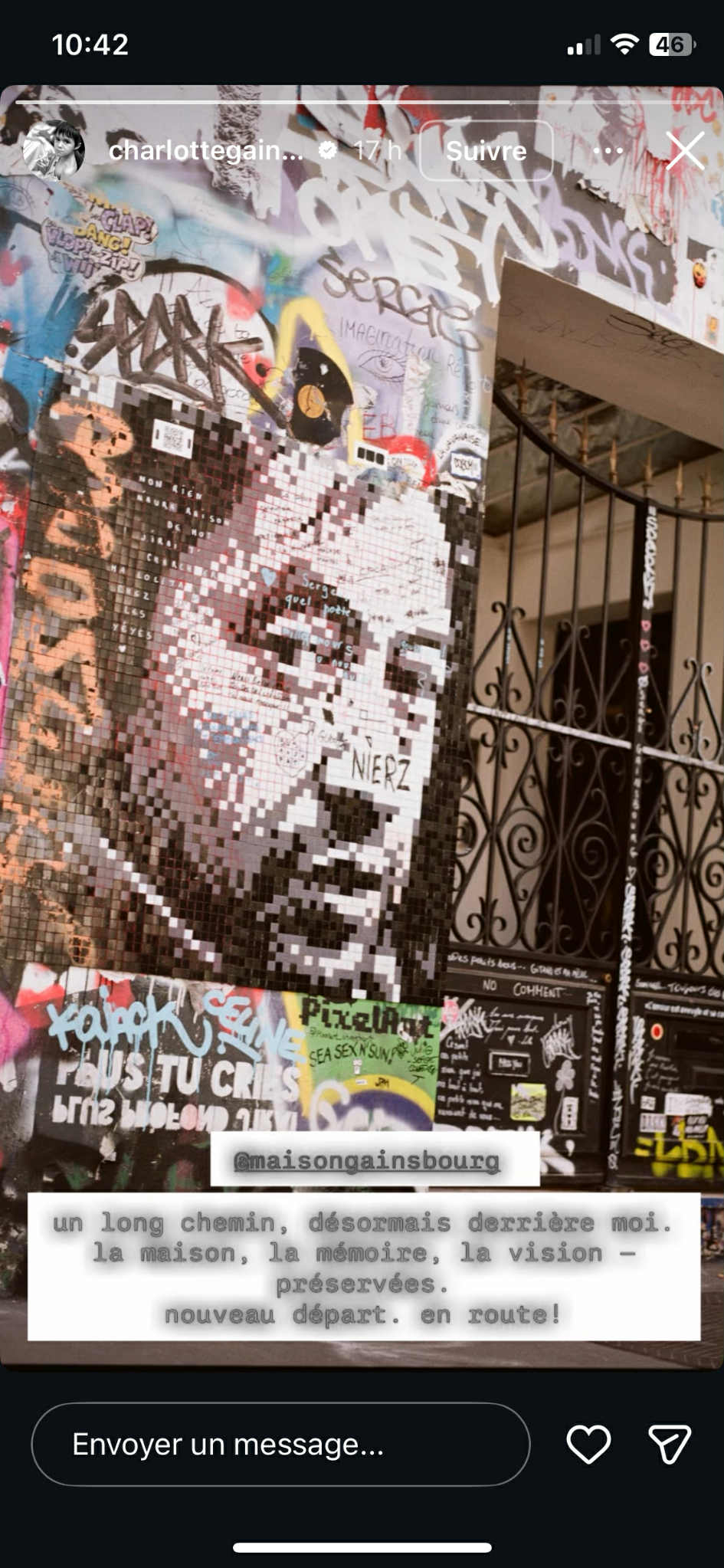 Capture d'écran d'une story Instagram I Source : https://www.instagram.com/accounts/login/?next=%2Fcharlottegainsbourg%2Freels%2F&source=omni_redirect