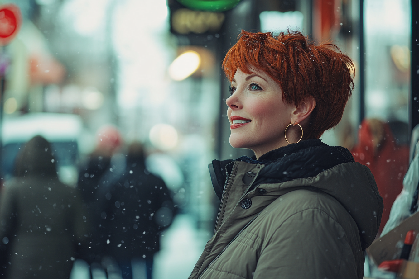 Une femme d'une trentaine d'années sourit dans une rue enneigée en journée | Source : Midjourney