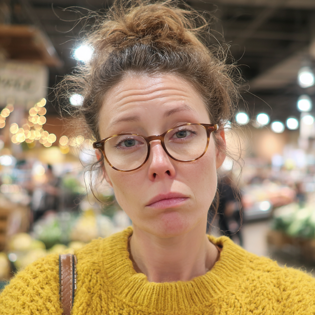 Une femme fatiguée debout dans une épicerie | Source : Midjourney