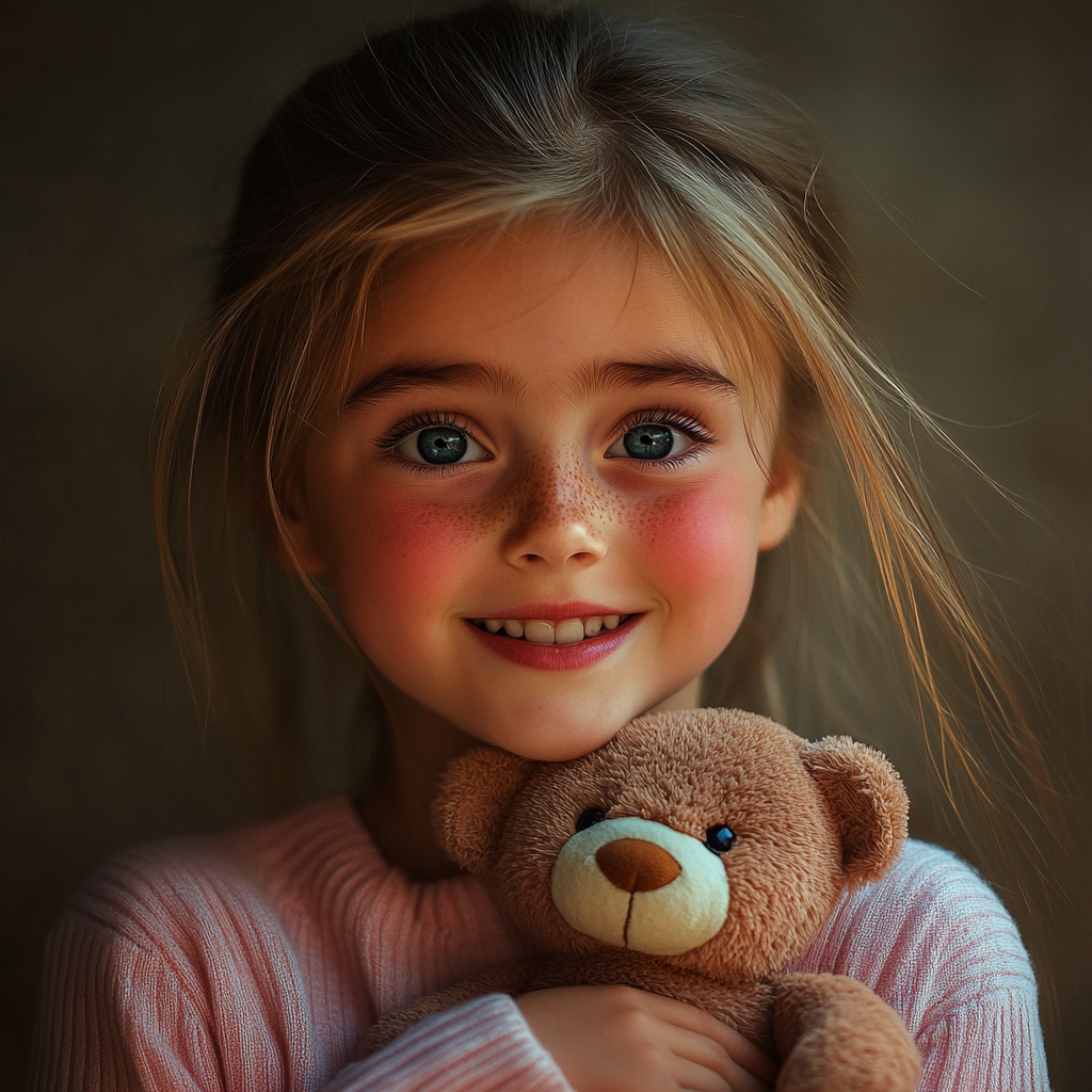 Une petite fille joyeuse tenant un ours en peluche | Source : Midjourney