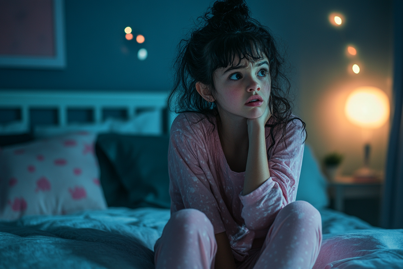 Une jeune fille de 12 ans assise sur son lit, tard dans la nuit, l'air confus et effrayé | Source : Midjourney