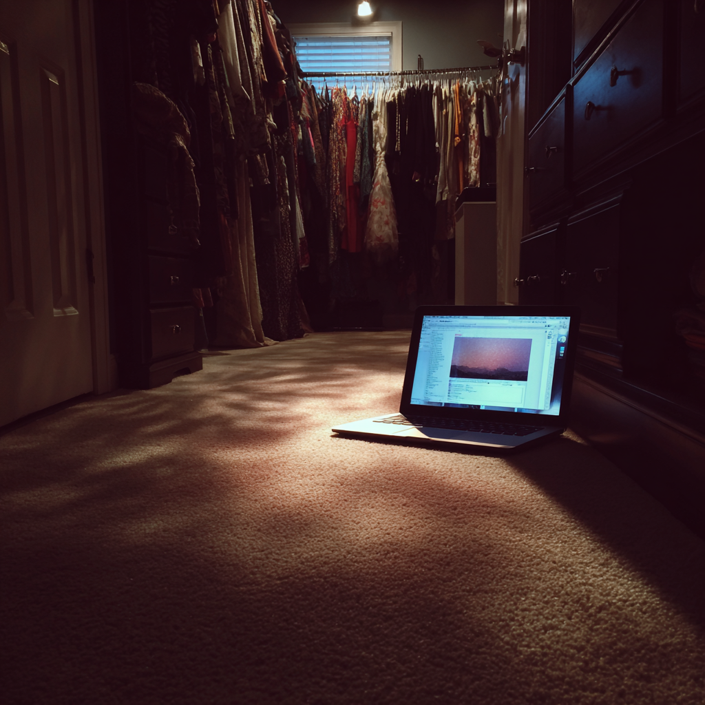 Un ordinateur portable ouvert sur le sol d'un placard | Source : Midjourney