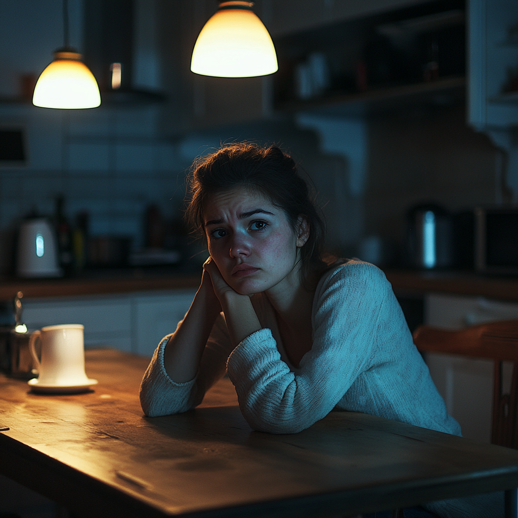 Une femme triste assise dans sa cuisine | Source : Midjourney