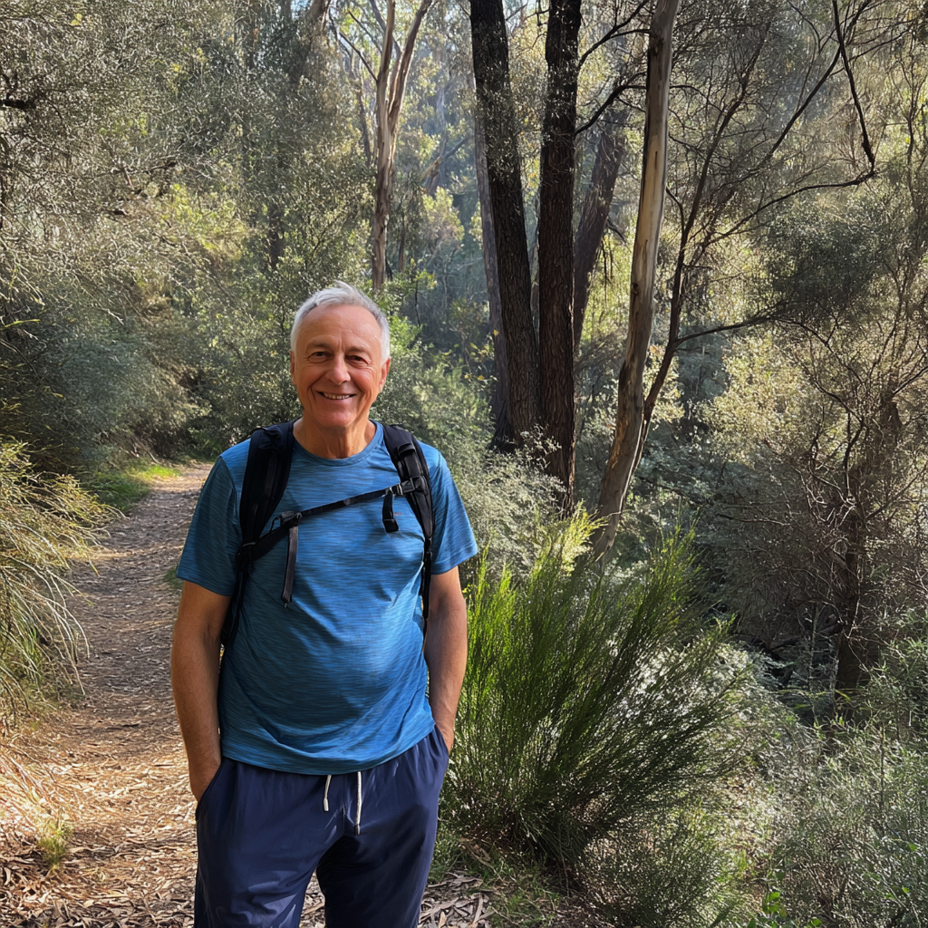 Un homme âgé souriant lors d'une randonnée | Source : Midjourney