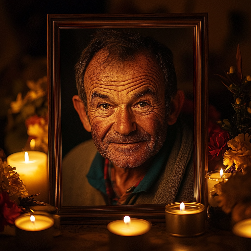 A framed photo of an elderly man, decorated with scented candles and flowers | Source: Midjourney