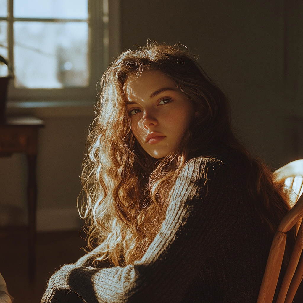 Une femme sérieuse assise sur une chaise | Source : Midjourney