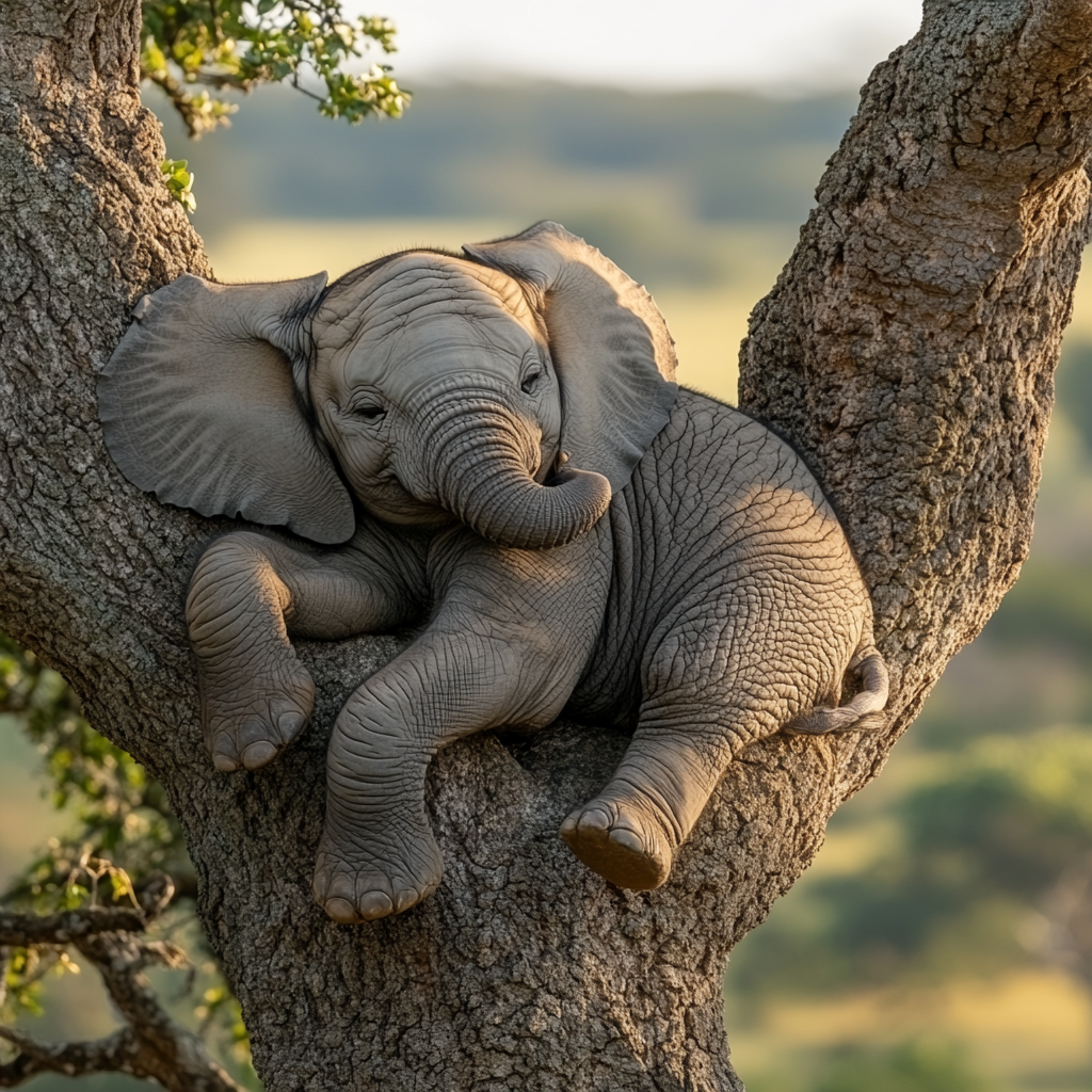 Un éléphanteau assis dans un arbre | Source : Midjourney