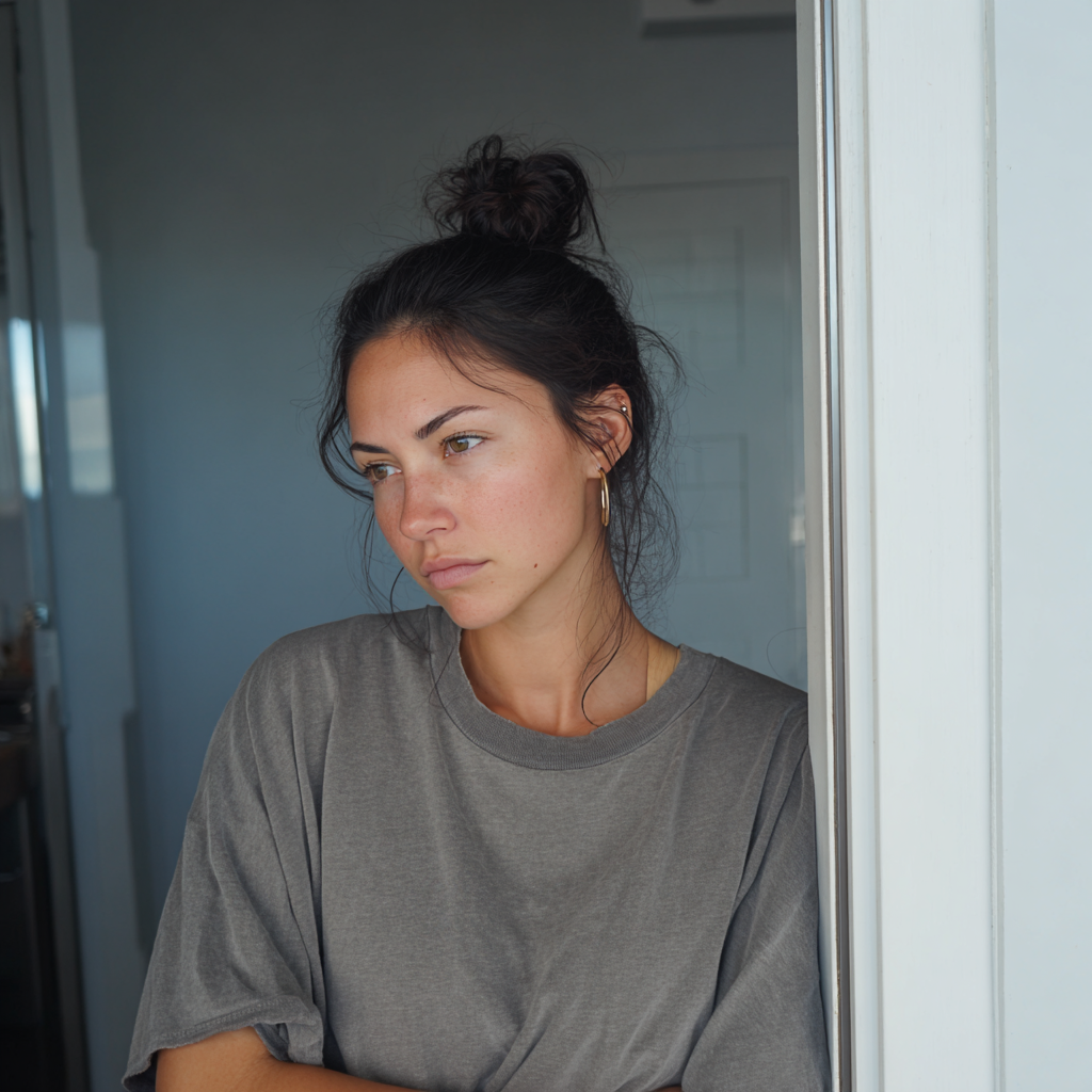 Une femme agacée portant un t-shirt gris | Source : Midjourney