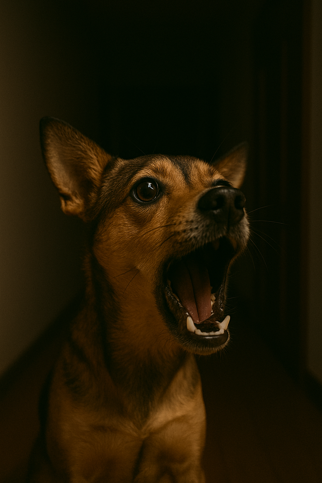 Un chien qui aboie dans un couloir sombre | Source : DALL-E