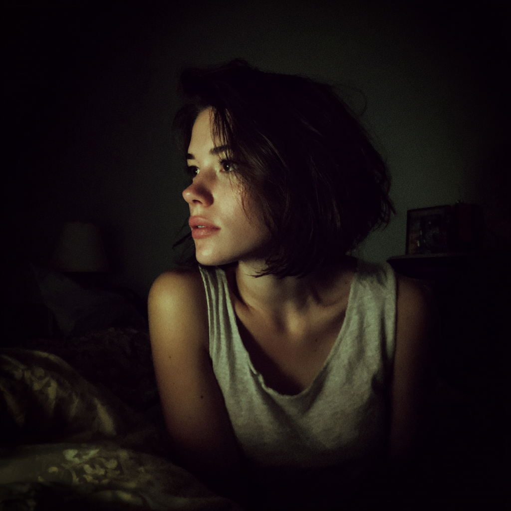 Une femme pensive assise sur un lit | Source : Midjourney