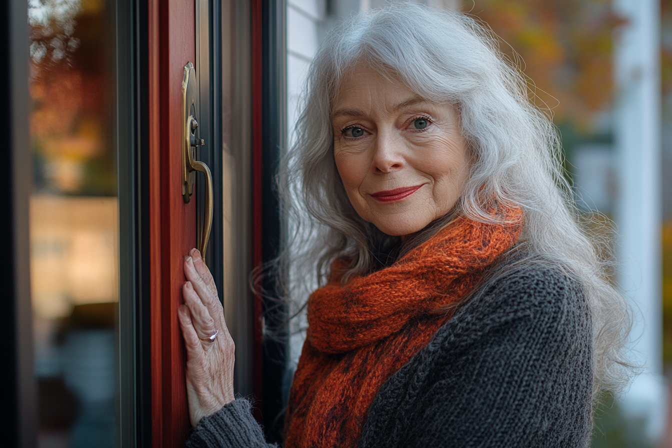 Une femme mesquine accueille avec un faux sourire en ouvrant la porte | Source : Midjourney