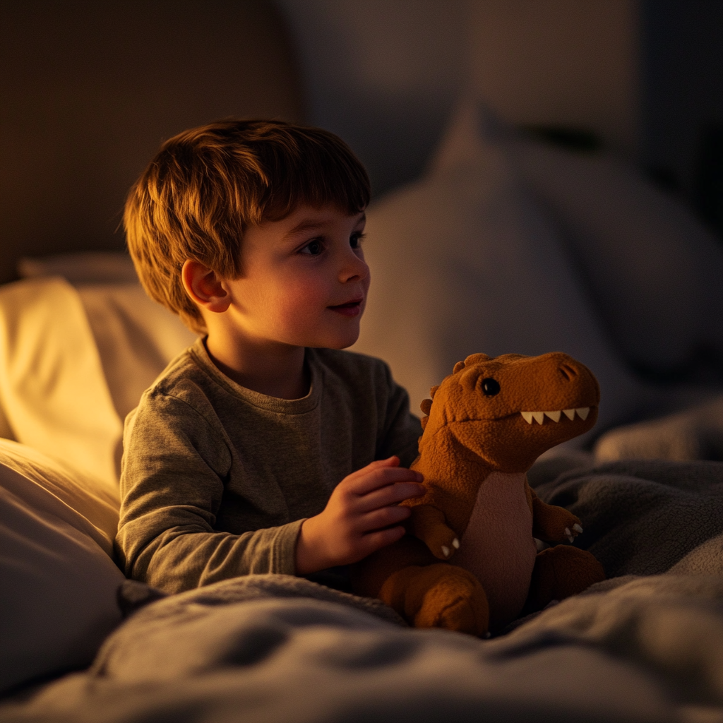 A boy holding a stuffed dinosaur | Source: Midjourney