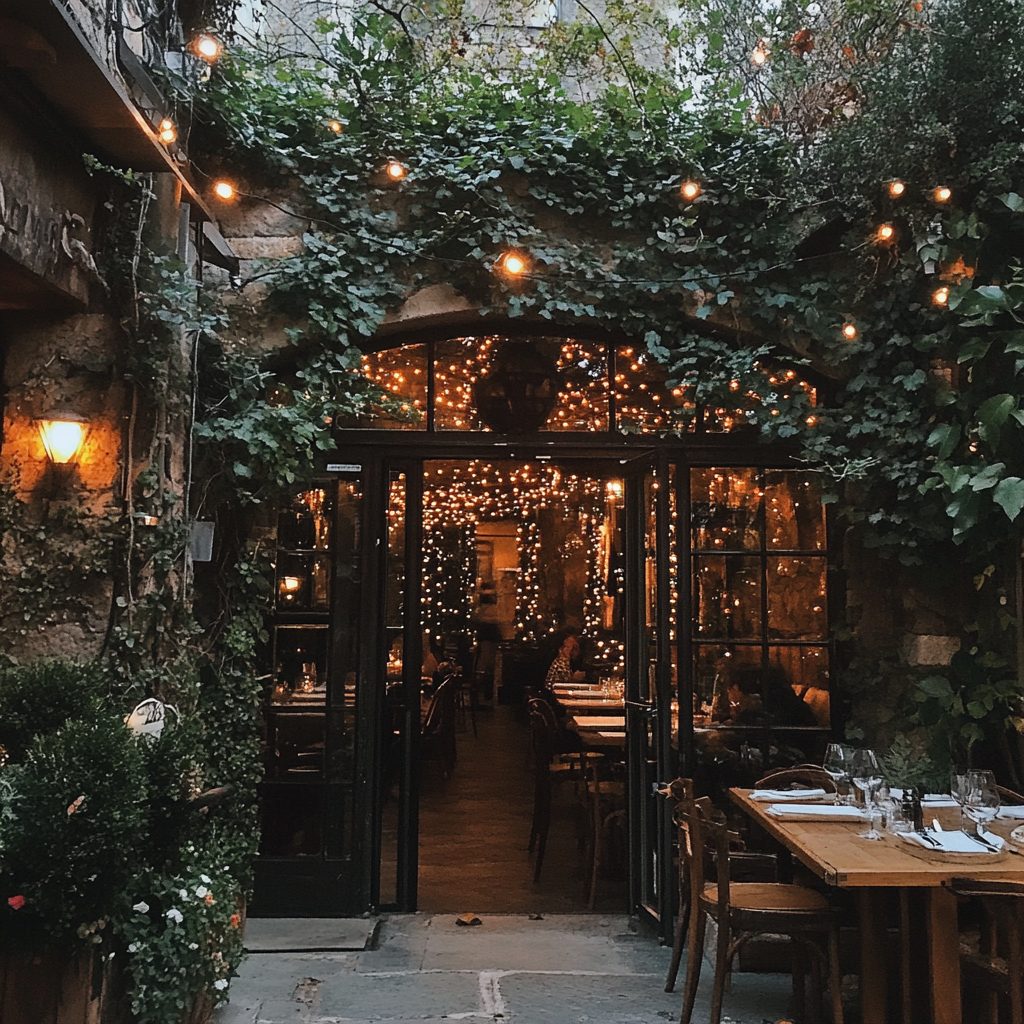 L'extérieur d'un restaurant romantique | Source : Midjourney