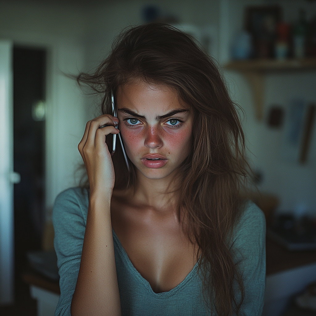 Une femme bouleversée au téléphone | Source : Midjourney