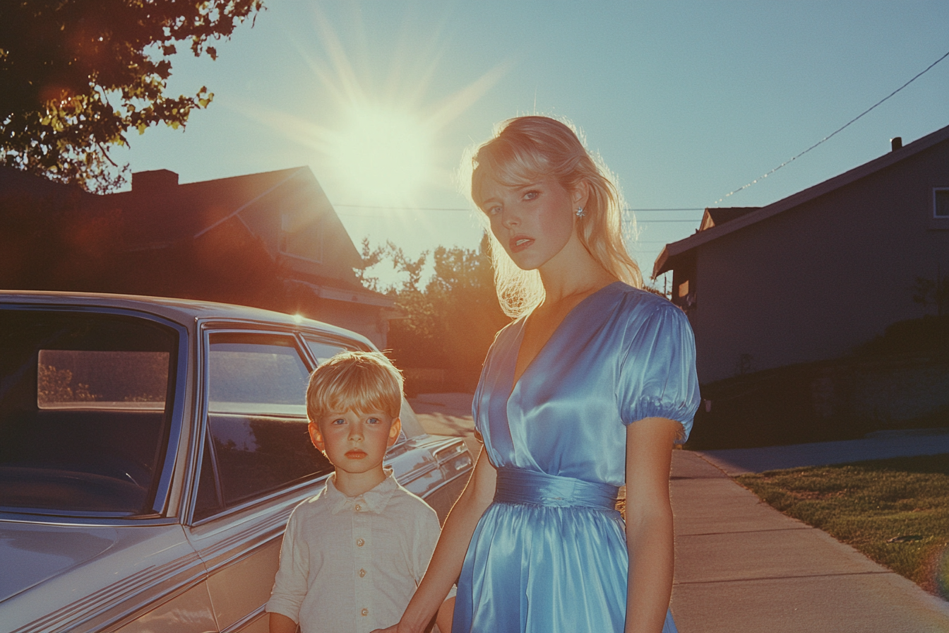 A woman next to a little boy in front of a car in a suburban neighborhood | Source: Midjourney