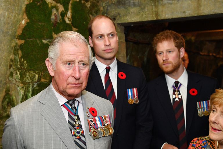 Le prince Charles, le prince William et le prince Harry au parc commémoratif de Vimy lors des commémorations du centenaire de la bataille de la crête de Vimy, le 9 avril 2017, à Vimy, en France. | Source : Getty Images