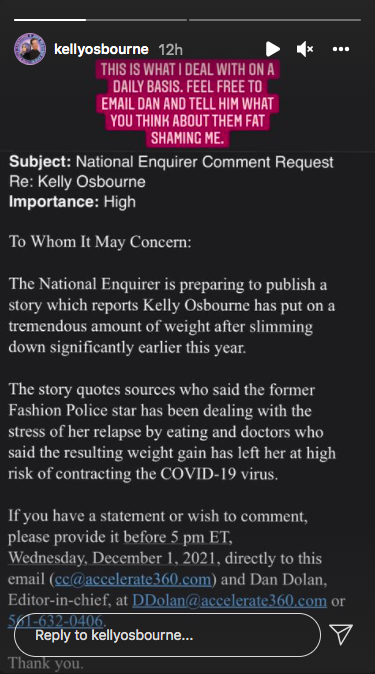 Une capture d'écran de l'actrice Kelly Osbourne montrant un courriel qu'elle a reçu du tabloïd.┃Source : Instagram@kellyosbourne