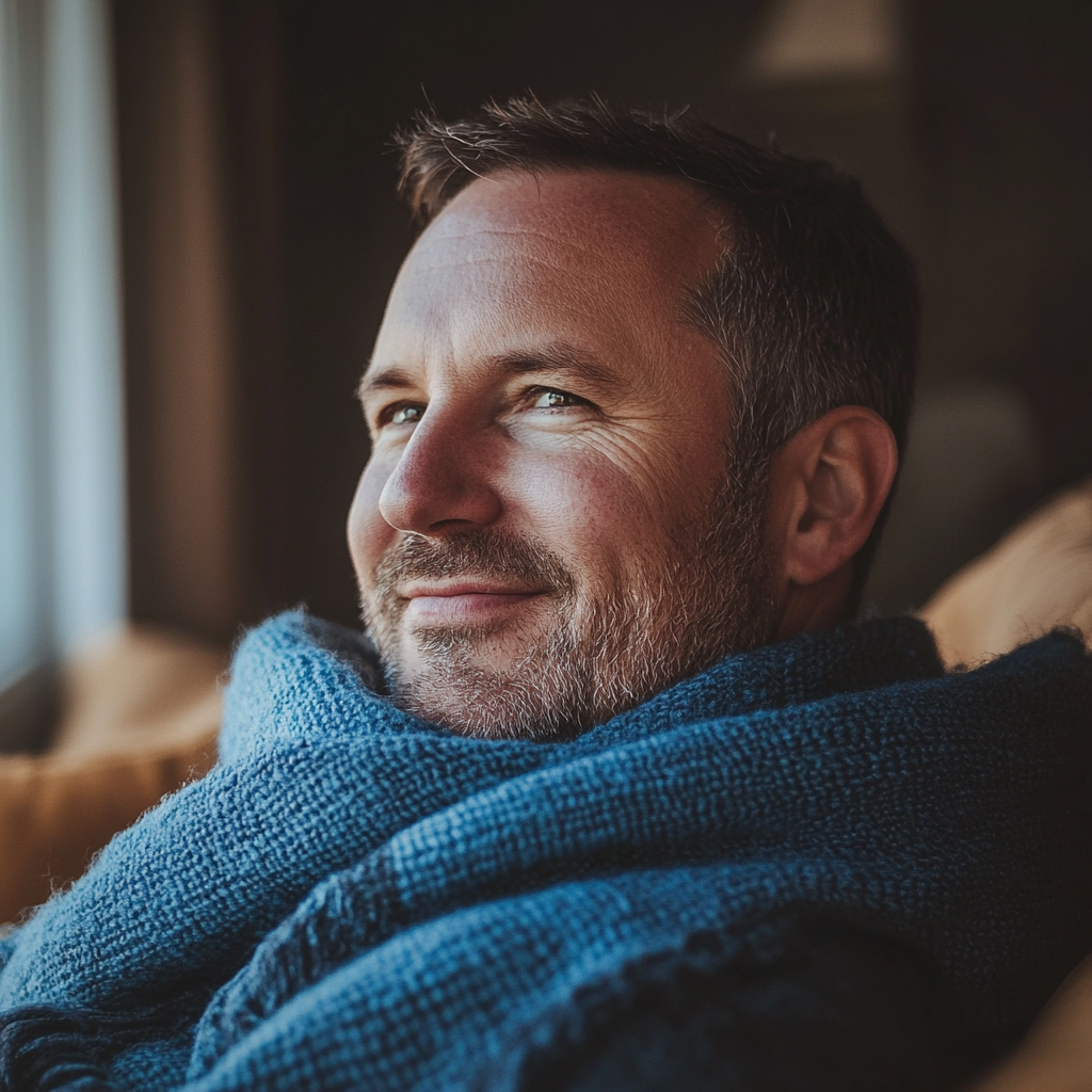 Un homme souriant dans son salon | Source : Midjourney