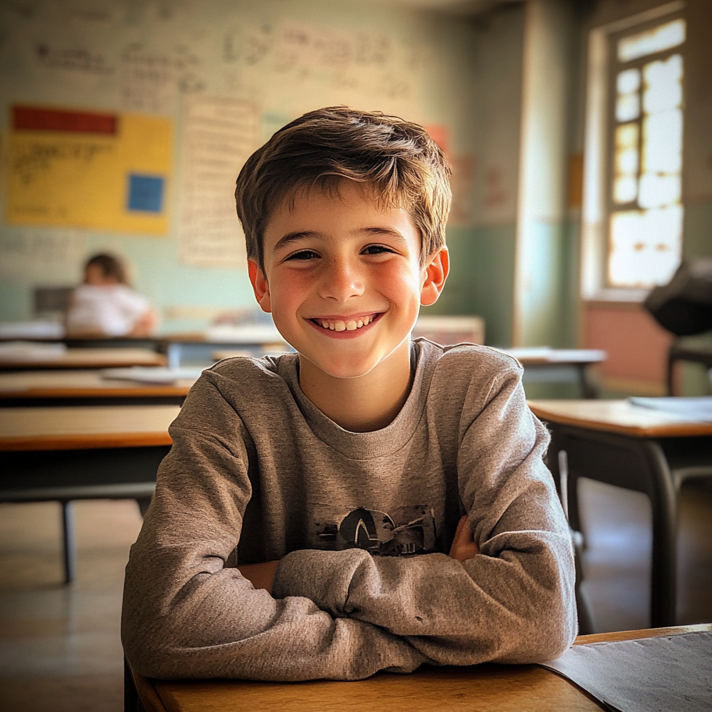 Un petit garçon assis dans une salle de classe | Source : Midjourney