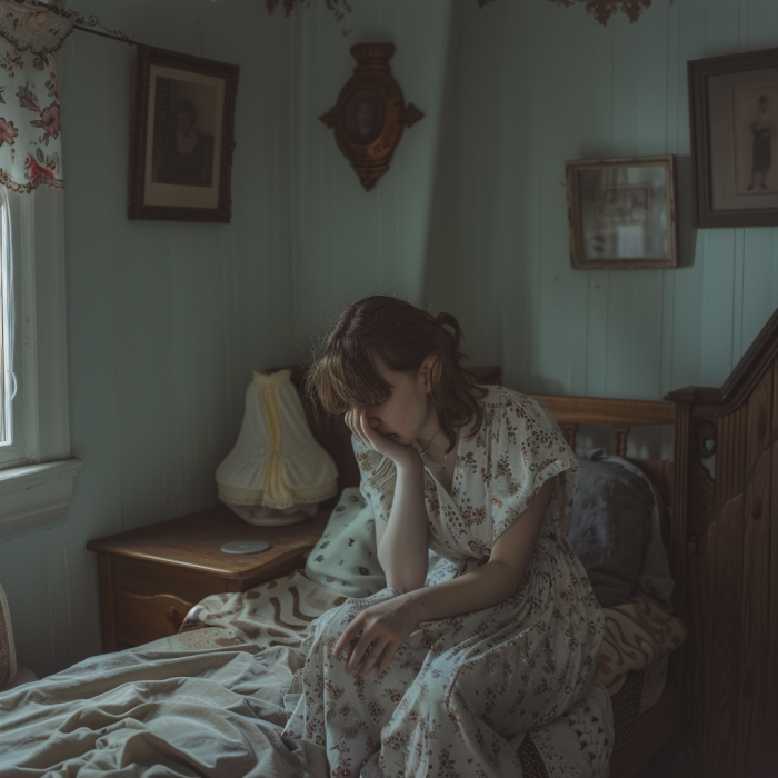 Une jeune femme triste assise seule dans sa chambre | Source : Midjourney