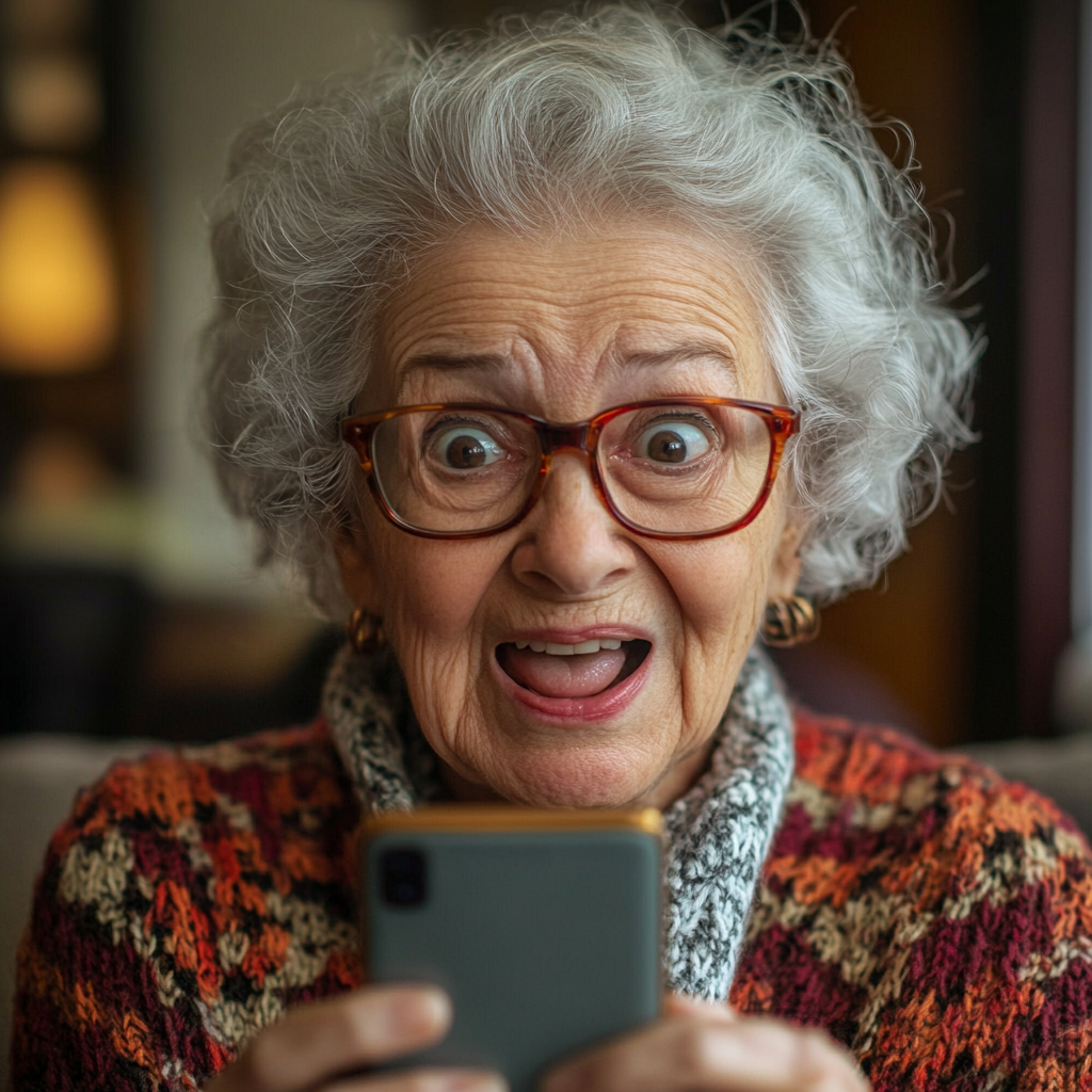 Une vieille femme sursaute en recevant une notification téléphonique | Source : Midjourney