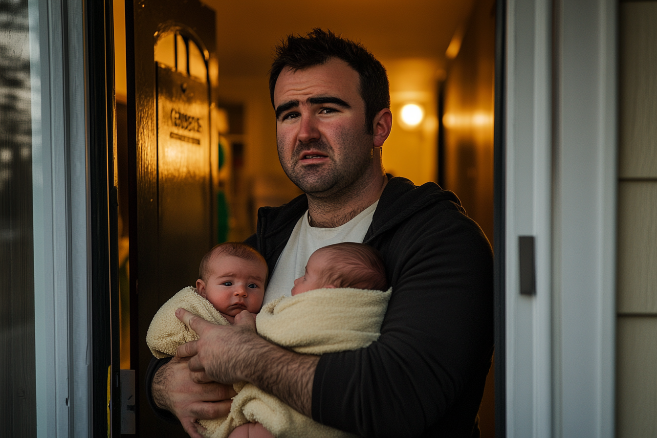 Un homme portant des bébés jumeaux dans une maison | Source : Midjourney