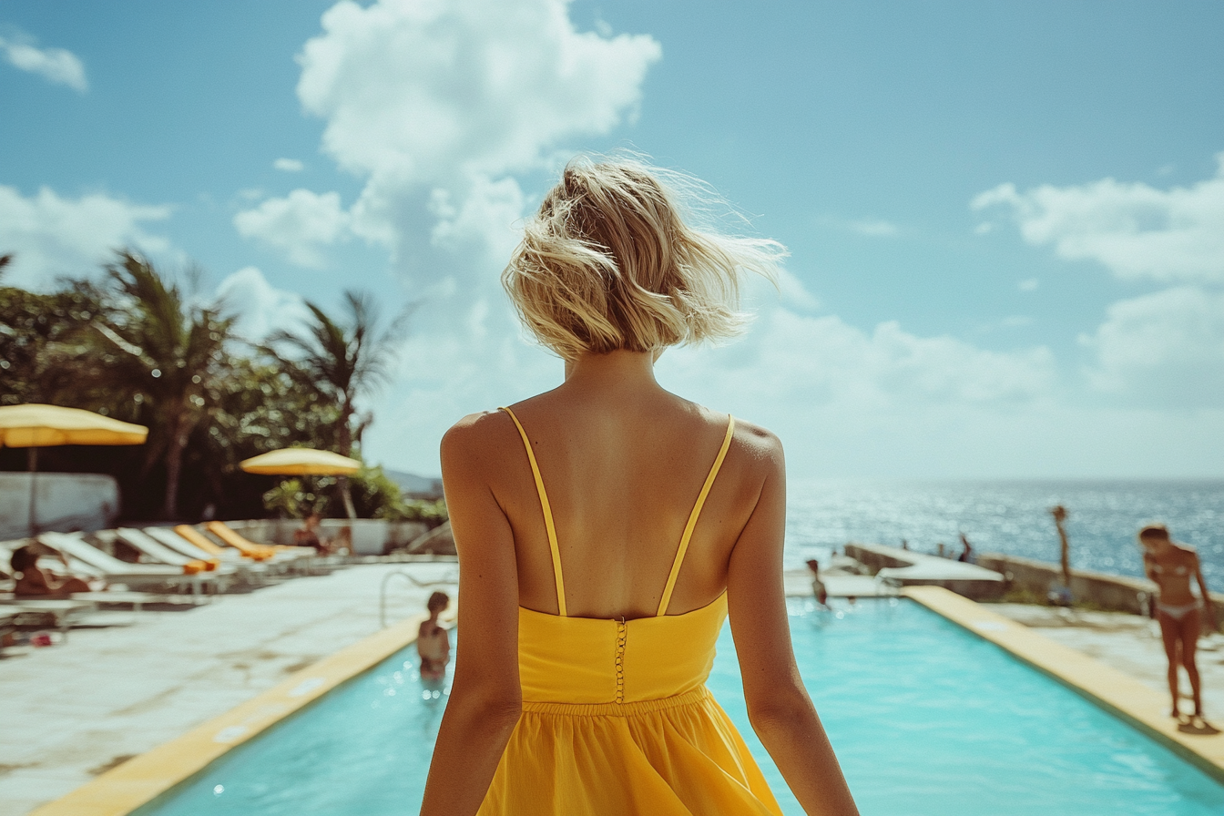 Une femme marchant près d'une piscine | Source : Midjourney