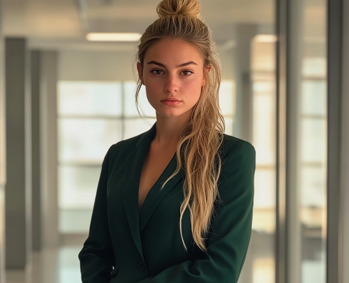 Une jeune femme debout dans un bureau | Source : Midjourney