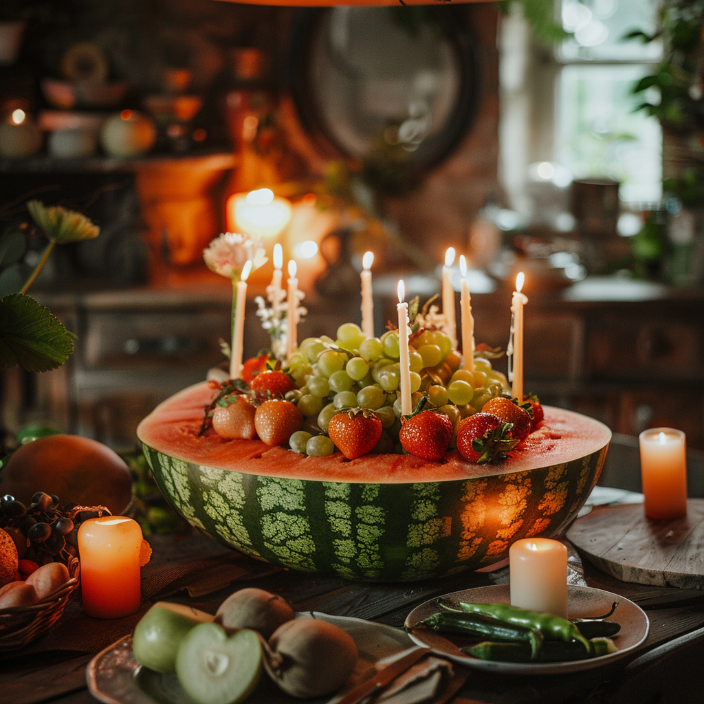 Un gâteau à la pastèque, quelques fruits tranchés et d'autres aliments sur une table | Source : Midjourney