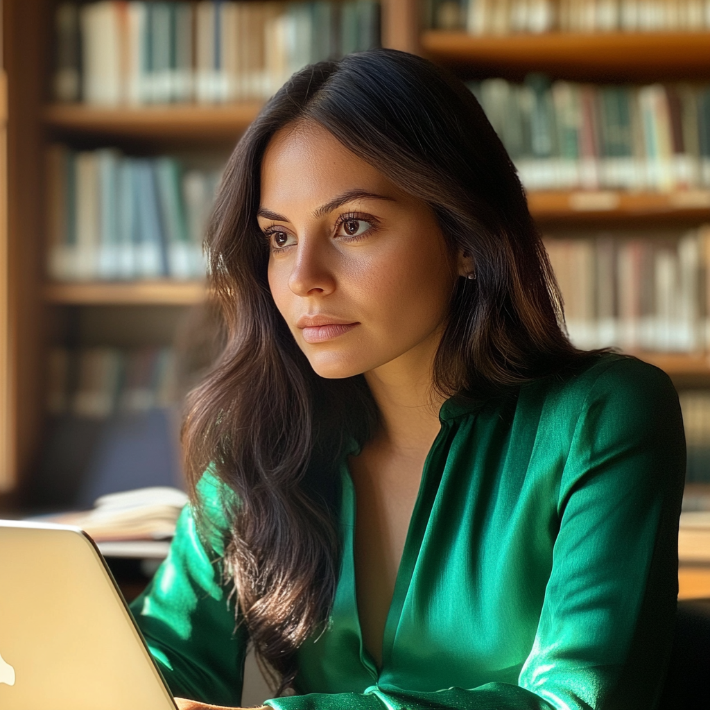 Une femme assise dans une bibliothèque | Source : Midjourney