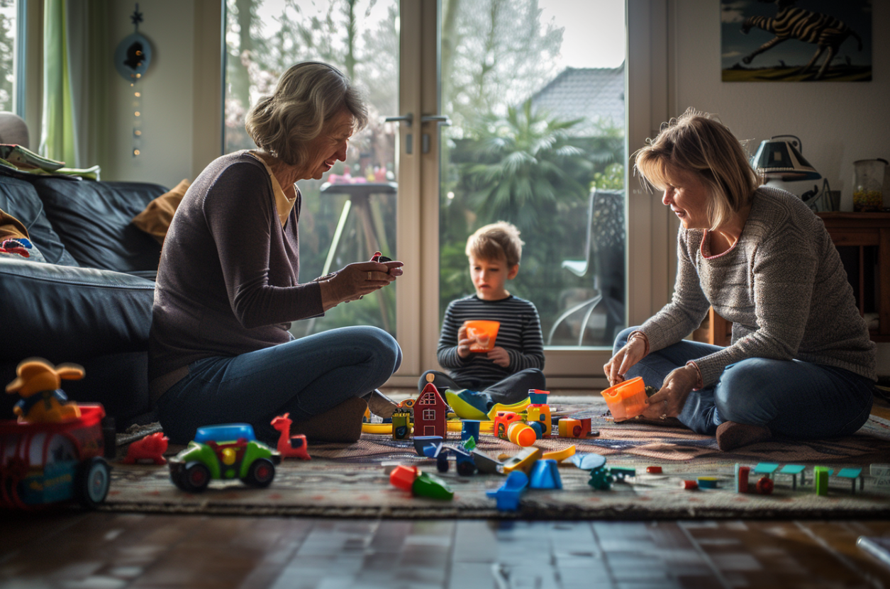 Deux femmes jouant avec un jeune garçon | Source : MidJourney