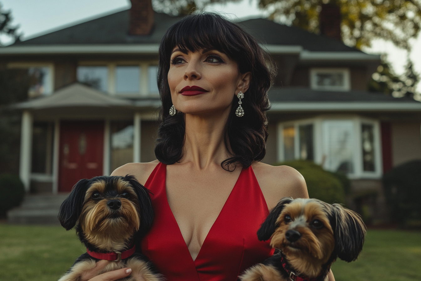 Une femme élégante d'une trentaine d'années tenant des Yorkshire Terriers sur la pelouse avant d'une maison de banlieue | Source : Midjourney