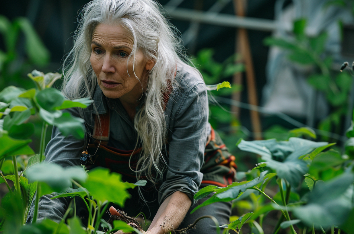 Une femme examine avec stress les plantes de son jardin | Source : Midjourney