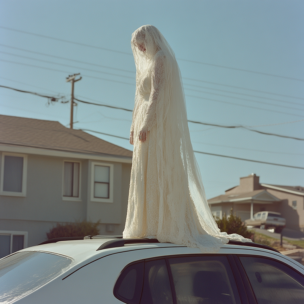 Une femme en colère, vêtue d'une robe de mariée, debout sur le toit d'une voiture | Source : Midjourney