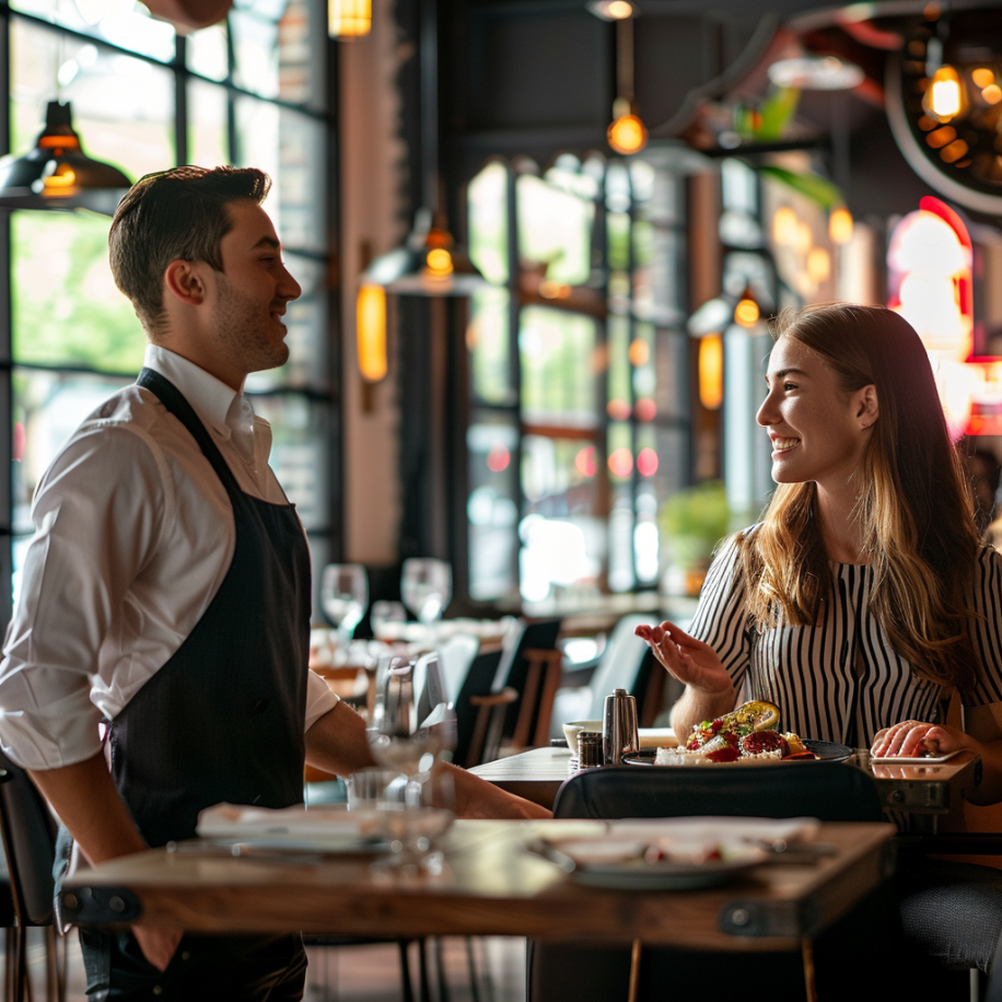 Une femme parle à un serveur dans un restaurant | Source : Midjourney