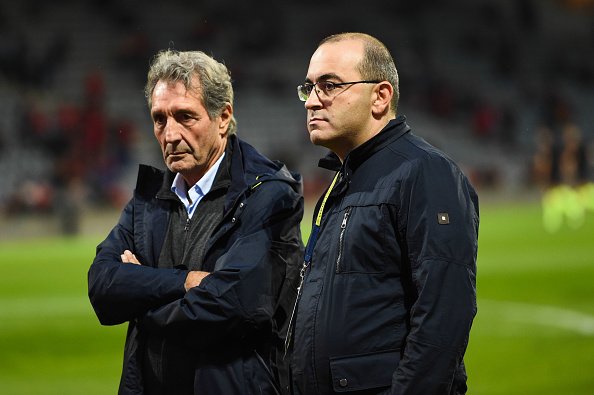 Jean-Jacques BOURDIN Vice-président et Rani ASSAF président de Nîmes lors du match de Ligue 1 entre Nîmes et Toulouse le 21 septembre 2019 à Nîmes, France. | Photo : Images