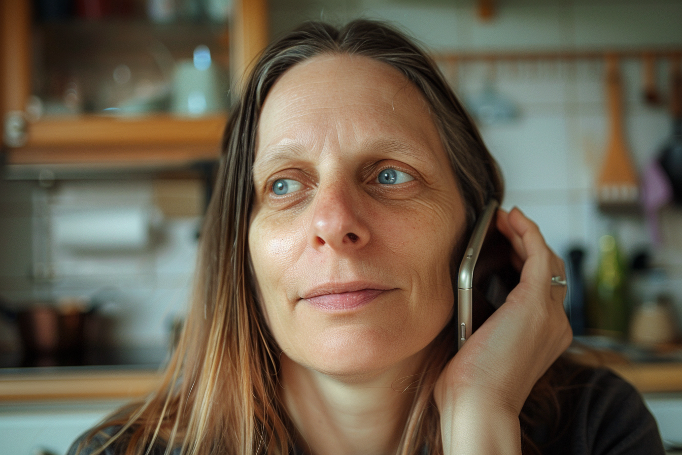 Une femme au visage résigné et un téléphone contre son oreille | Source : Midjourney