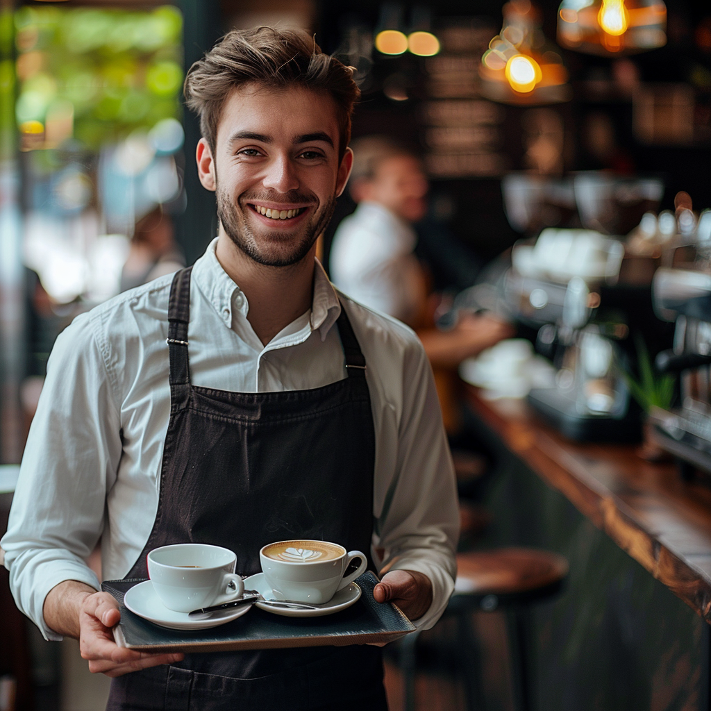 Un jeune serveur souriant tenant un plateau | Source : Midjourney