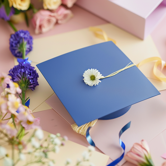 Un chapeau de fin d'études bleu, des cartes et des fleurs posés sur une surface unie | Source : Midjourney