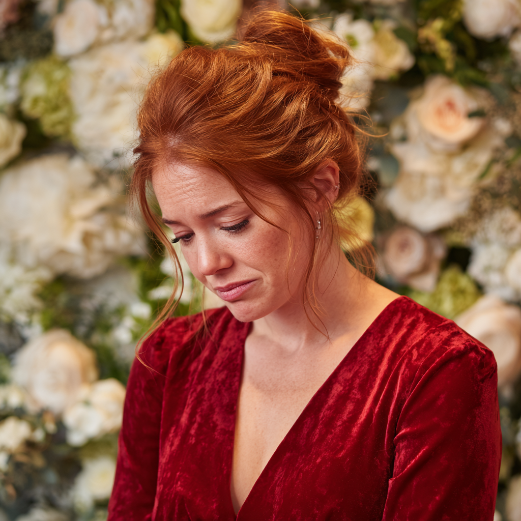Une femme bouleversée portant une robe rouge | Source : Midjourney