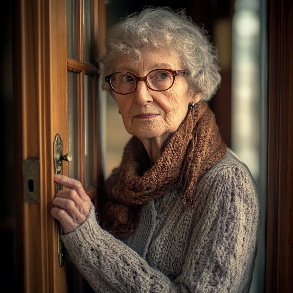 Une femme âgée debout sur le pas d'une porte | Source : Midjourney