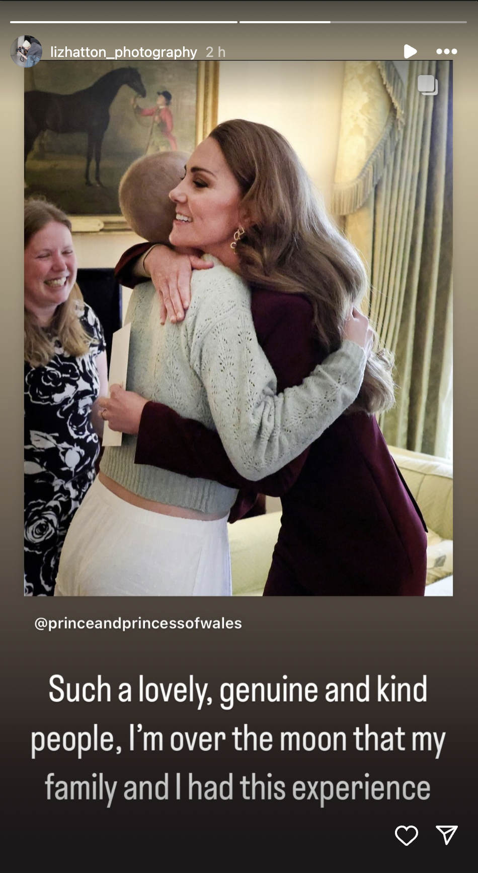 Liz Hatton s'exprime après sa rencontre avec la princesse Catherine Middleton et le prince William sur ses stories Instagram le 2 octobre 2024 | Source : Instagram.com/stories/lizhatton_photography/