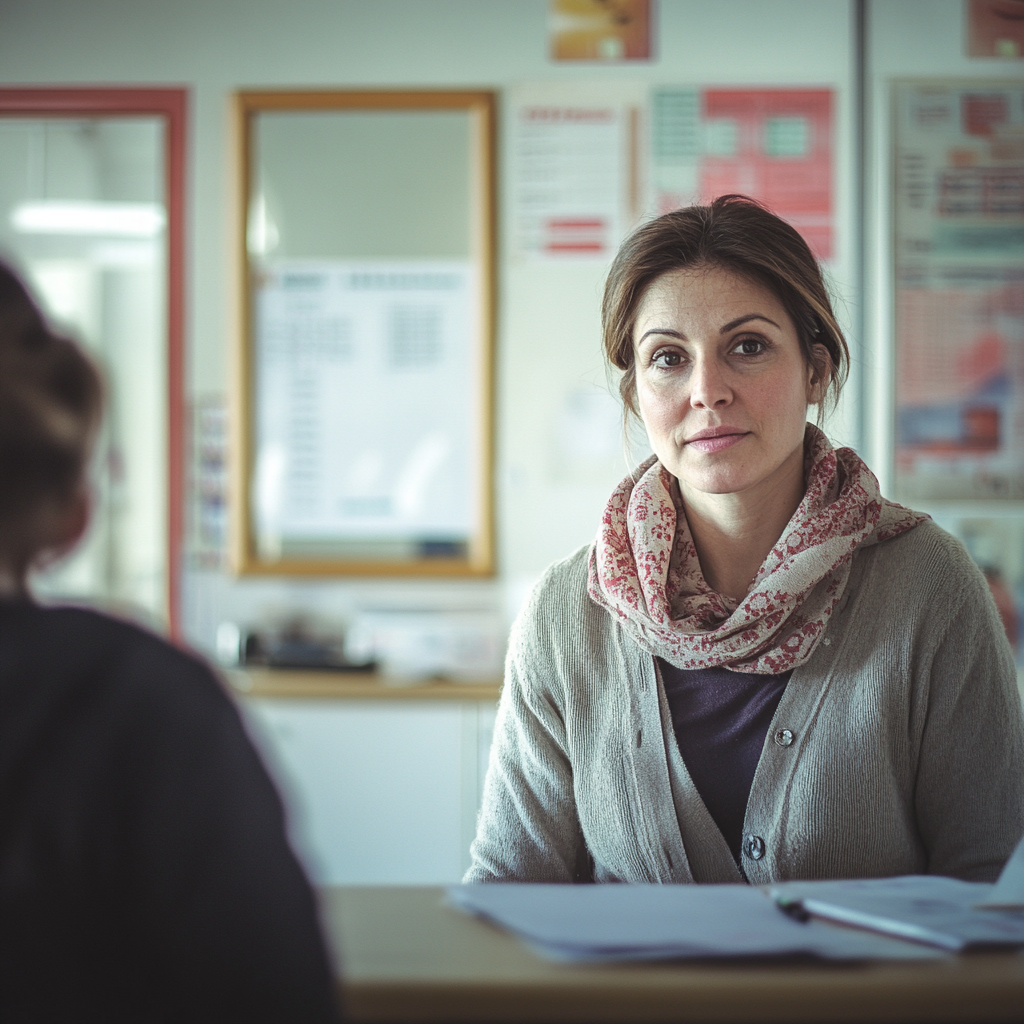 Une secrétaire d'école s'entretenant avec une enseignante inquiète | Source : Midjourney