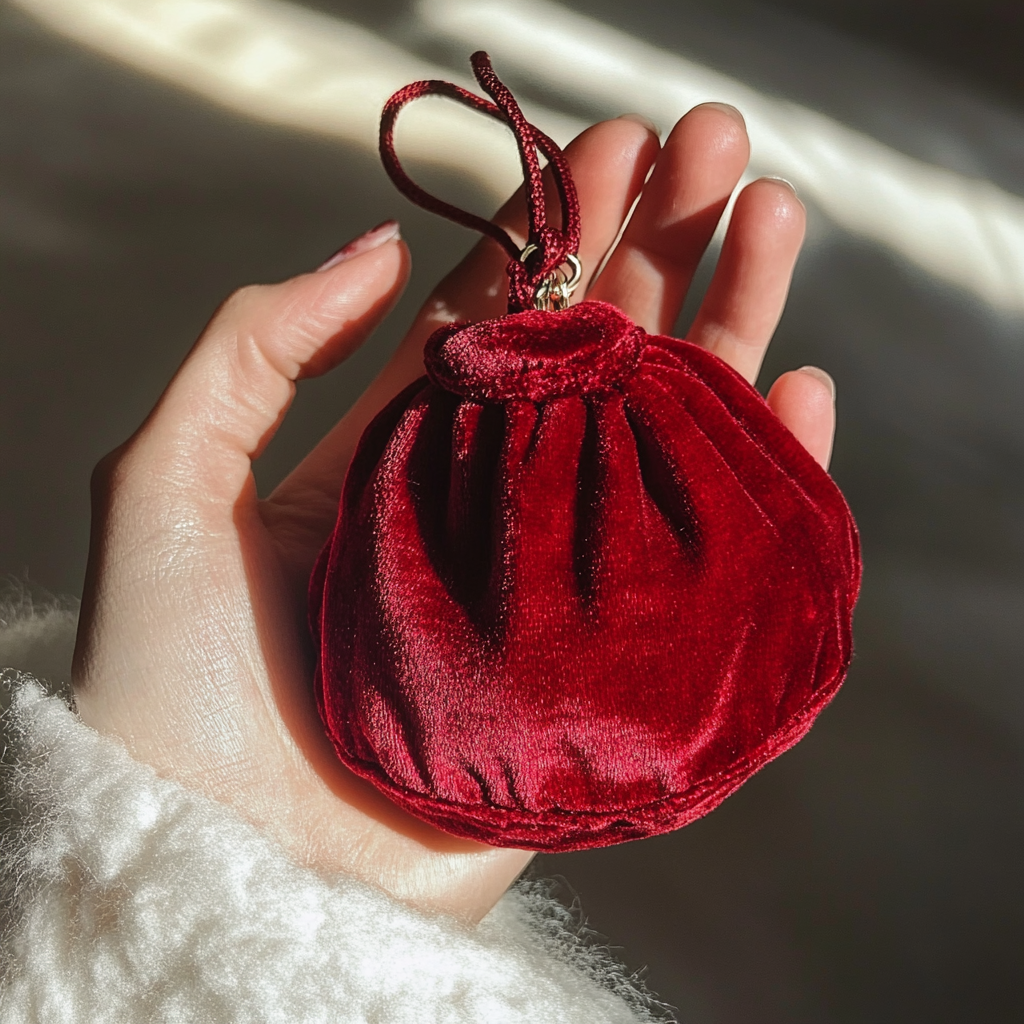 Une femme tenant un sac en velours rouge | Source : Midjourney